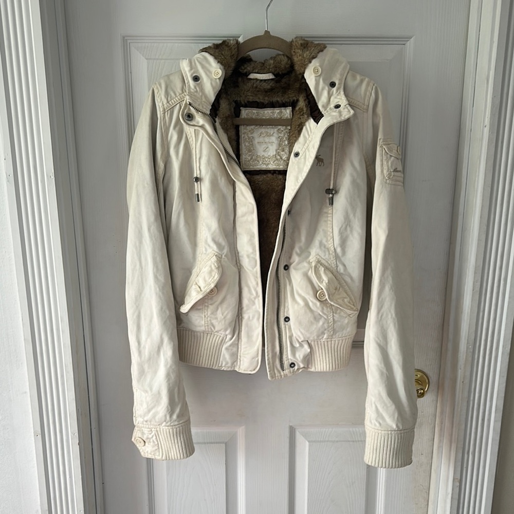 Abercrombie & Fitch Cream Faux Fur Jacket